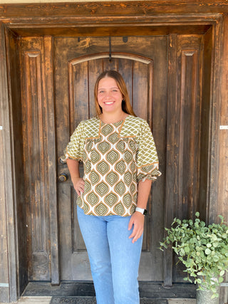 Sage Geo Mixed Print Top