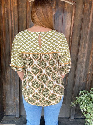 Sage Geo Mixed Print Top