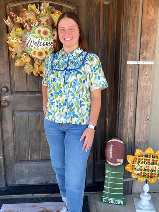 Smocked Floral Top Blue