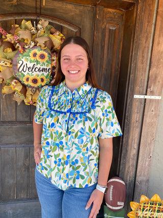 Smocked Floral Top Blue