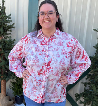 Red and white silky button up with holiday print