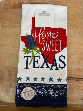 Home Sweet Texas Towel	Home Sweet Texas towel – red and white cotton towel with embroidered state pride phrase								