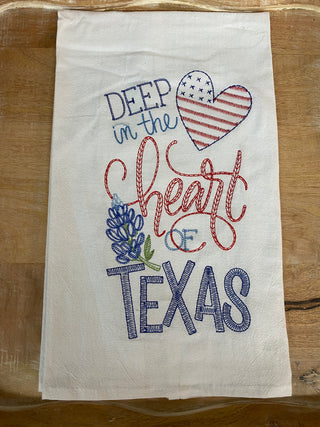 Heart of Texas Flour Sack Towel	Heart of Texas flour sack towel – white kitchen towel with hand-drawn Texas heart design								