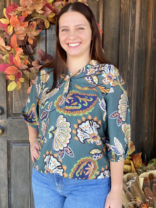 Teal Paisley Puff Sleeve Blouse