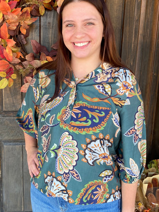 Teal Paisley Puff Sleeve Plus