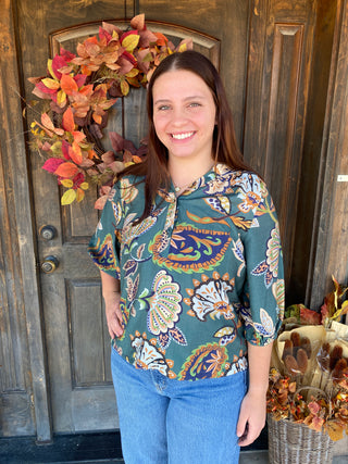 Teal Paisley Puff Sleeve