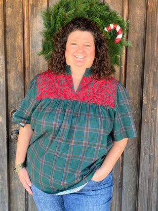 Classic plaid meets holiday charm in the Reece Green Plaid Top