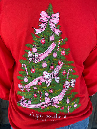 Christmas Tree with Pink Bows on a Red Long Sleeve Tee