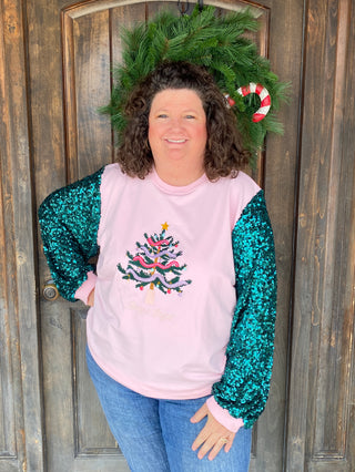 Sparkle Tree Sequin Sleeve Top