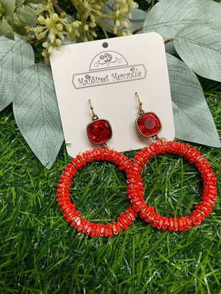 Red beaded hoop earrings