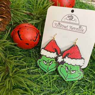 green man face with Santa hat dangle earrings