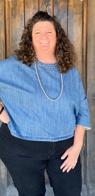 Elly 3/4 Sleeve Top with Fringe - Light Denim