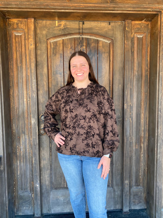 Raelynn Long Sleeve Flocked Floral Top - Chocolate/Black