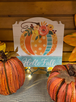 Patchwork Pumpkin "Hello Fall" Metal Hanging Sign