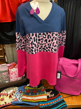 Navy Pink Leopard Long Sleeve