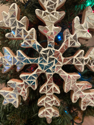 Wood Snowflake Mirror Mosaic Orn
