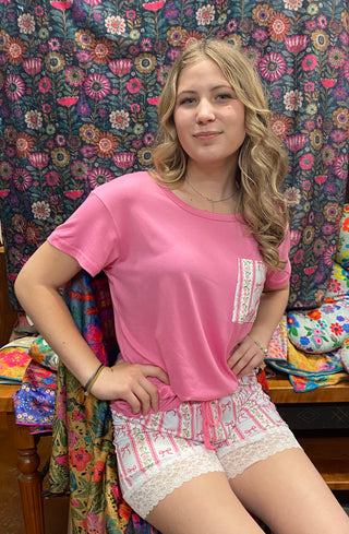 Soft Tee & Shorts Pajama Set Pink Bow