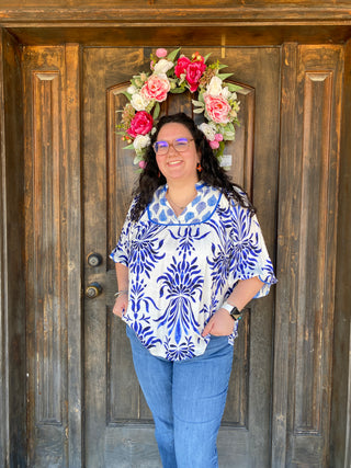 Blue Mix Balloon Sleeve Top Plus