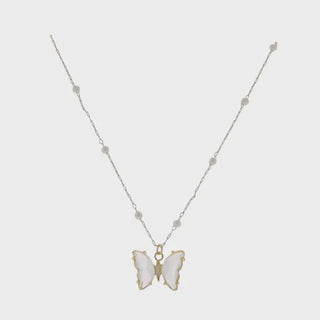 Necklace with a butterfly pendant on a silver chain with pearls