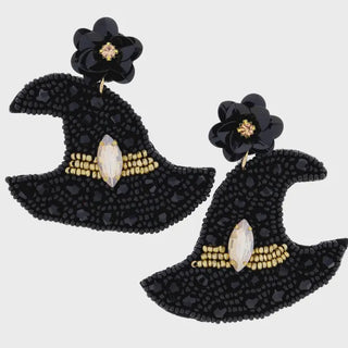 Black beaded witch hat earrings with floral accents 