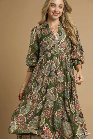 Boho Print Olive Midi Dress