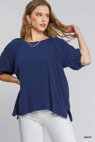 Navy Embroidered Bubble Sleeve Blouse