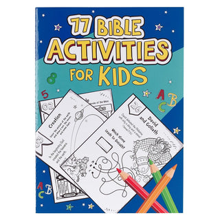 Book cover of '77 Bible Activities for Kids' with coloring pages and pencils on a blue background