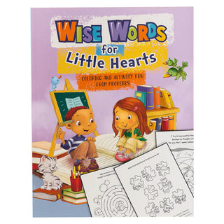 Children's activity book titled 'Wise Words for Little Hearts' with colorful illustrations on a purple background.