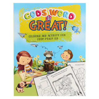 Children's coloring book titled 'God's Word is Great!' with illustrations of children and a cat.