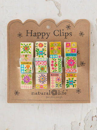 Set of colorful floral clips on a 'Happy Clips' card 