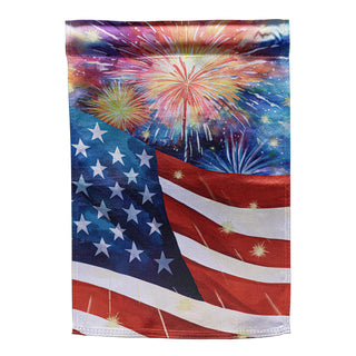 American flag with fireworks design on a white background