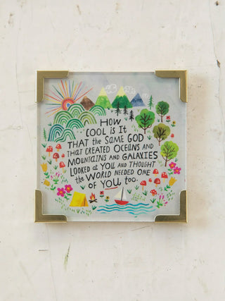 Decorative wall art with nature-themed text and illustrations on a light background