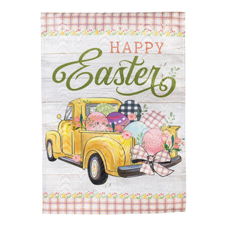 Plaid and floral border with a truck carrying easter eggs, and 'Happy Easter' text