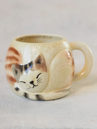 Cat-shaped ceramic mug with a white background