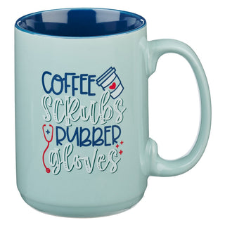 Light blue mug with text and graphics on a white background