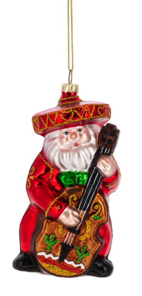 Decorative Christmas ornament of a Santa playing a mandolin