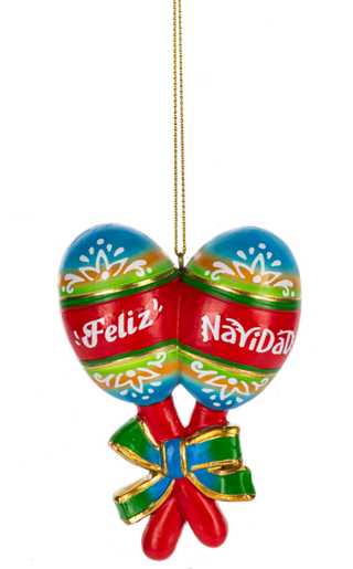 Decorative Christmas ornament shaped like maracas with 'Feliz Navidad' text, tied with a bow