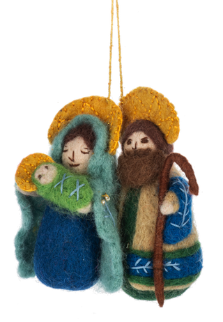 Felted nativity scene ornament with three figures 