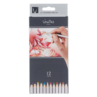 Veritas colored pencils packaging with a hand drawing a flower.