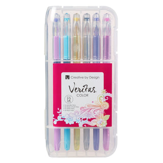 Set of colorful markers in a clear plastic case with Veritas branding.
