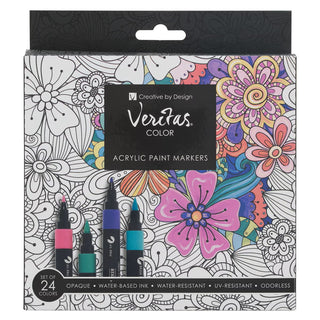 Veritas Color acrylic paint markers packaging with colorful flowers on a white background