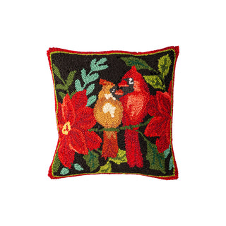 Decorative pillow with embroidered cardinals and poinsettias 