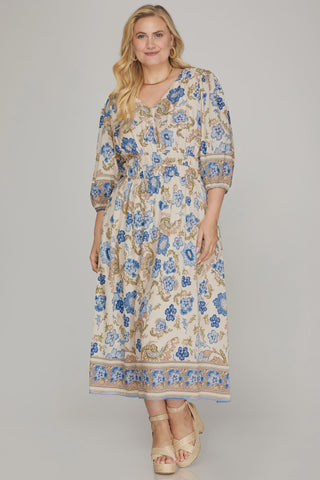 Blue Floral Border Pint Midi Dress Plus