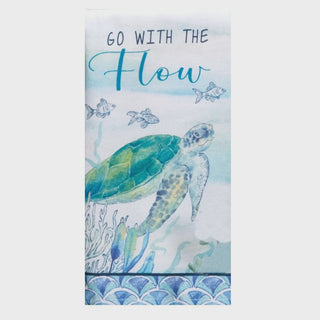 Towel with a turtle design and 'Go with the Flow' text on a light blue background