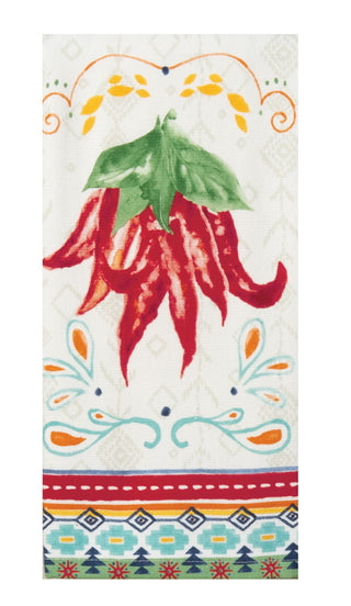 Decorative towel with red chili peppers and colorful patterns on a white background
