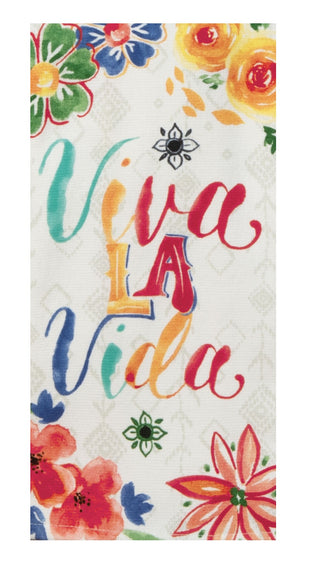 Towel with 'Viva la Vida' text and colorful floral designs on a white background