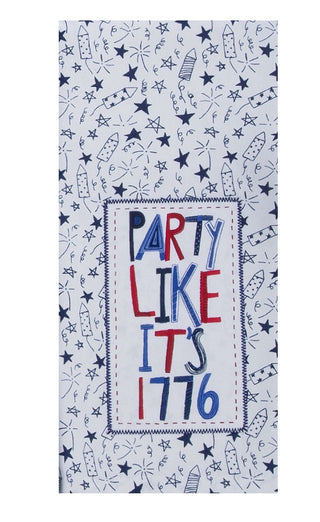 Tea towel with 'Party Like It's 1776' text on a patterned background