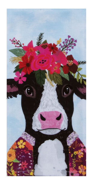 Painting of a cow with floral headpiece and colorful outfit against a blue sky background