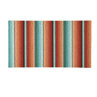 Striped rug with vertical orange, red, and blue stripes on a white background