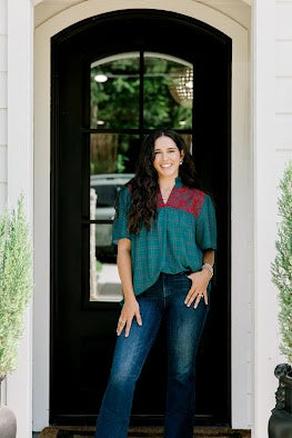 Green Plaid top with red embroidery